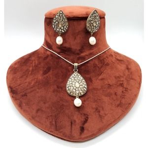 Silver UNCUT Diamond POLKI Pandent with Earrings